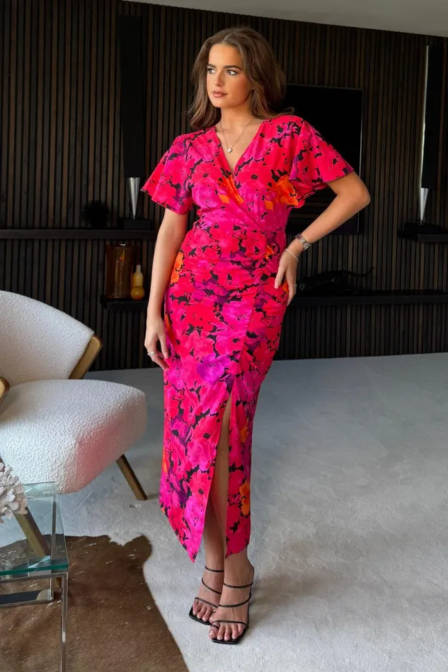 Girl In Mind Wrap Dresses Priscilla Wrap Over Ruched Detail Midi Dress Pink Floral 8211 Women Girl In Mind Wrap Dresses Priscilla Wrap Over Ruched Detail Midi Dress Pink Floral 8211 Women
