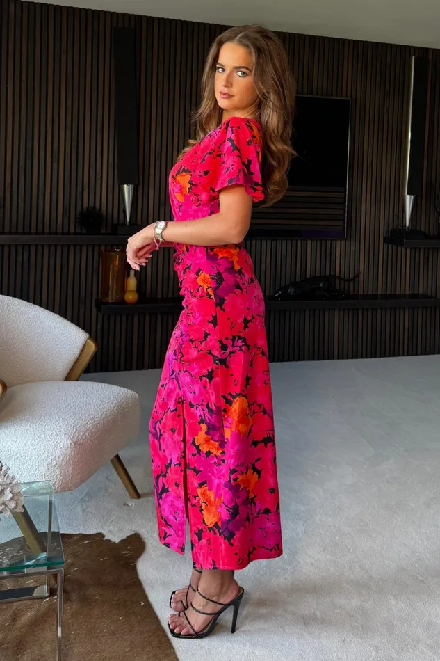 Girl In Mind Wrap Dresses Priscilla Wrap Over Ruched Detail Midi Dress Pink Floral 8211 Women