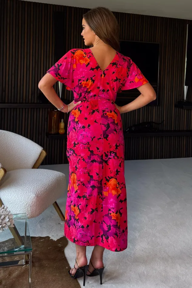 Girl In Mind Wrap Dresses Priscilla Wrap Over Ruched Detail Midi Dress Pink Floral 8211 Women