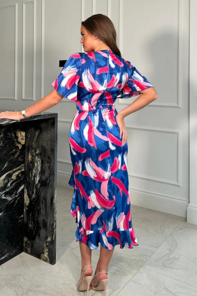 Girl In Mind Wrap Dresses Vanessa Cobalt and Pink Frill Detail Wrap Midi Dress 8211 Women