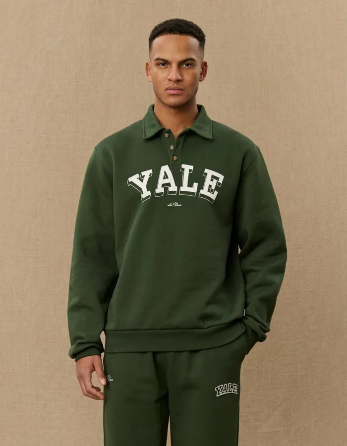 HoodiesSweatshirts Men Les Deux Yale College Polo Sweatshirt 8211 Duffel Bag GreenIvory