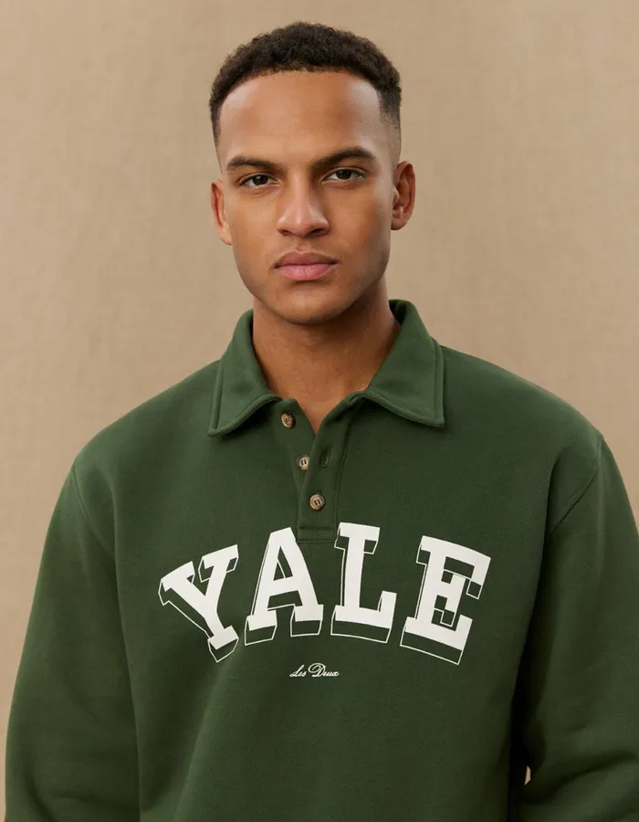 HoodiesSweatshirts Men Les Deux Yale College Polo Sweatshirt 8211 Duffel Bag GreenIvory