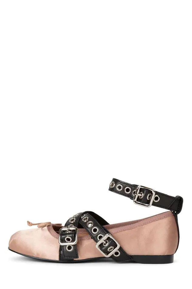 Jeffrey Campbell CHOREO Natural Satin Black Women Ballet Flats