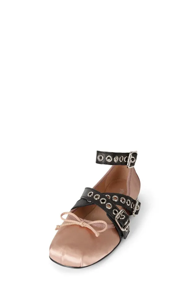 Jeffrey Campbell CHOREO Natural Satin Black Women Ballet Flats