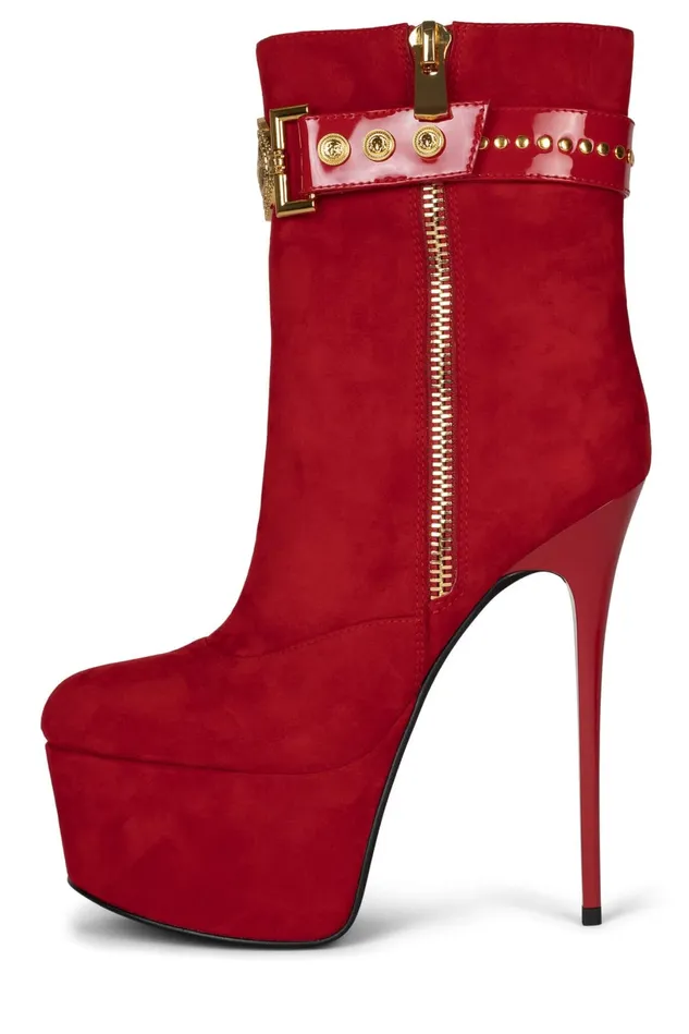 Jeffrey Campbell LEOLADY Red Suede Gold Women Ankle To Mid