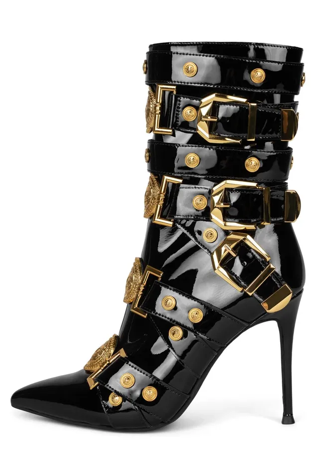 Jeffrey Campbell LOYALTY Black Patent Gold Women Ankle To Mid