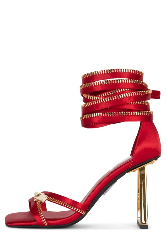 Jeffrey Campbell ZIPPEDUP Red Satin Gold Women Heel