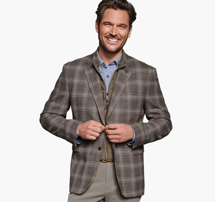 JohnstonandMurphy Blazers Wool Bib Blazer Taupe Plaid 8211 Men