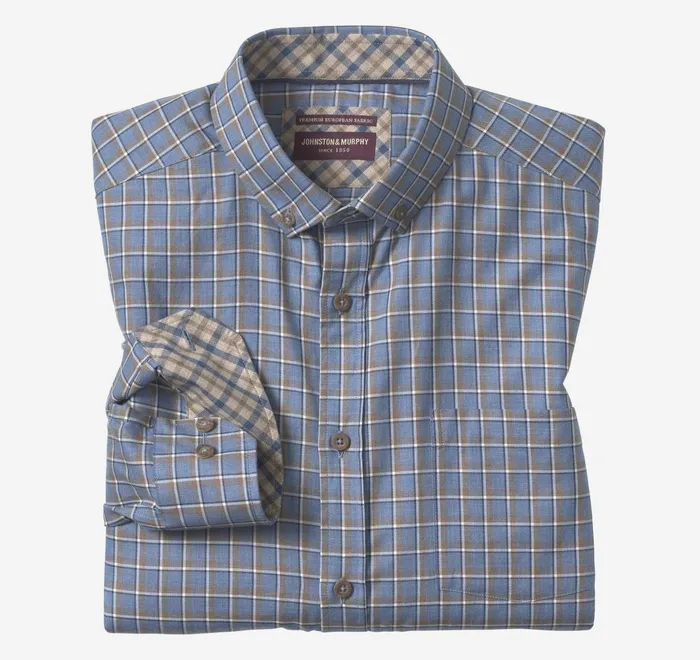 JohnstonandMurphy Shirts Heathered Shirt Blue Melange Outlined Grid 8211 Men