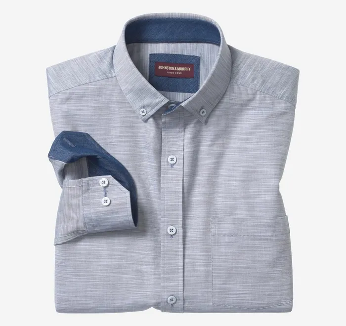 JohnstonandMurphy Shirts LongSleeve Twill Checked Shirt Bluegray Striated Oxford 8211 Men JohnstonandMurphy Shirts LongSleeve Twill Checked Shirt Bluegray Striated Oxford 8211 Men