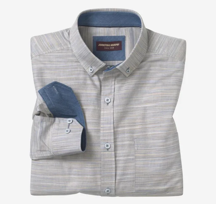 JohnstonandMurphy Shirts LongSleeve Twill Checked Shirt Bluetan Striated Oxford 8211 Men JohnstonandMurphy Shirts LongSleeve Twill Checked Shirt Bluetan Striated Oxford 8211 Men