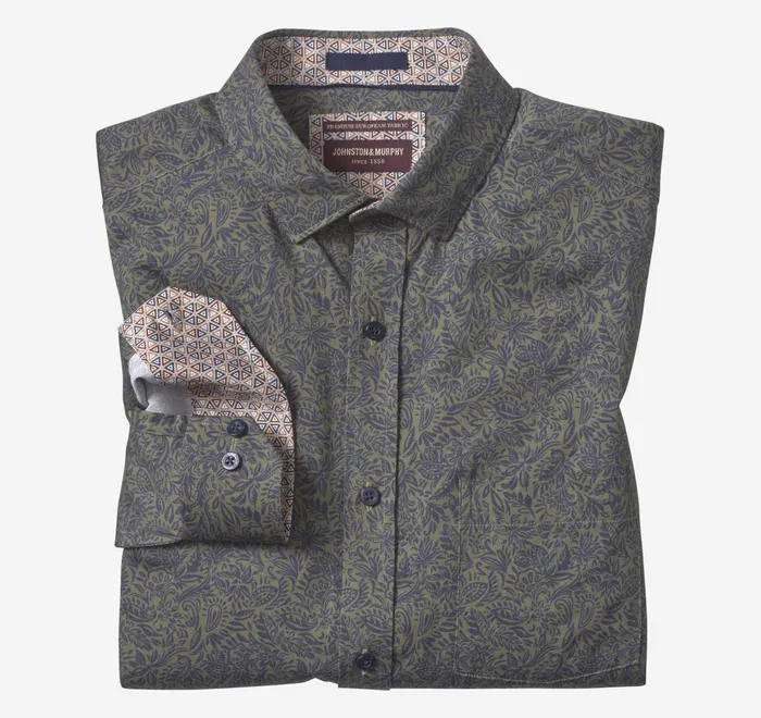 JohnstonandMurphy Shirts Printed Cotton Shirt Olive Foliage 8211 Men
