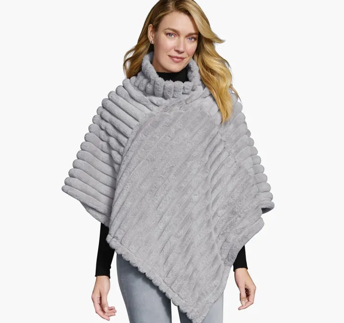 JohnstonandMurphy Shirts Sweaters and Blazers Reversible FauxFur Poncho Graygray Heather 8211 Women JohnstonandMurphy Shirts Sweaters and Blazers Reversible FauxFur Poncho Graygray Heather 8211 Women