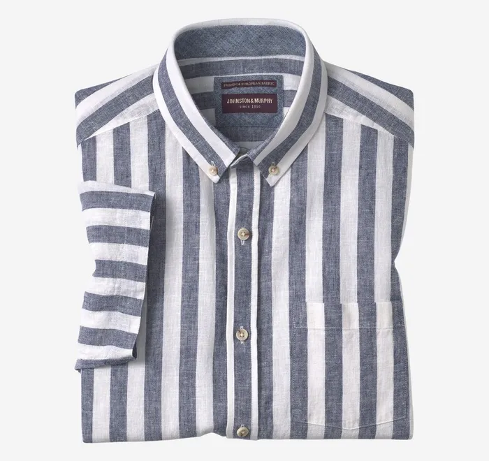 JohnstonandMurphy ShortSleeve Shirts Stripe LinenBlend Shirt Navy Stripe 8211 Men JohnstonandMurphy ShortSleeve Shirts Stripe LinenBlend Shirt Navy Stripe 8211 Men