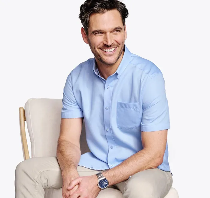 JohnstonandMurphy ShortSleeve Shirts Textured Cotton ShortSleeve Shirt Blue Solid 8211 Men