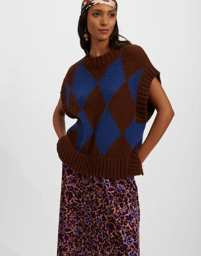 La Doublej Argyle Gilet BordeauxBlue In Wool Women Knitwear