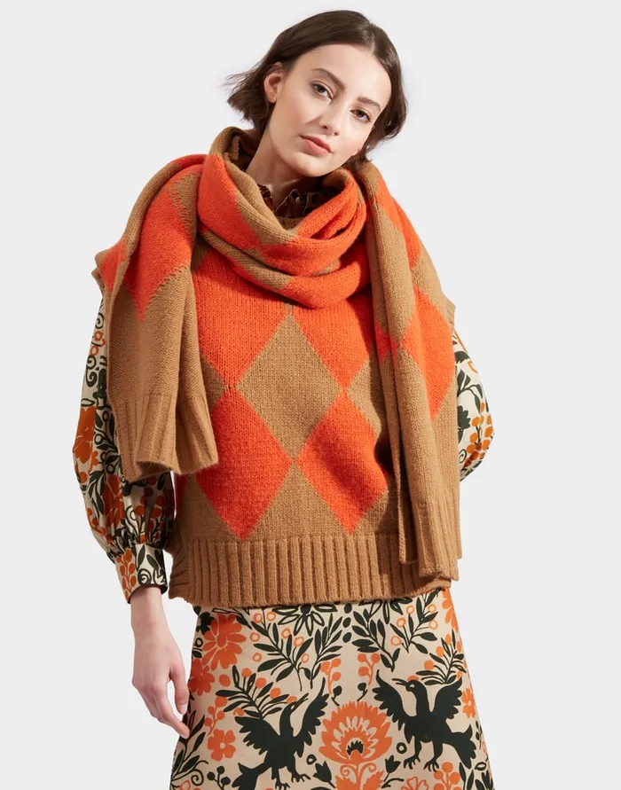 La Doublej Argyle Scarf Camel Orange In Wool Women Foulards and Scarves