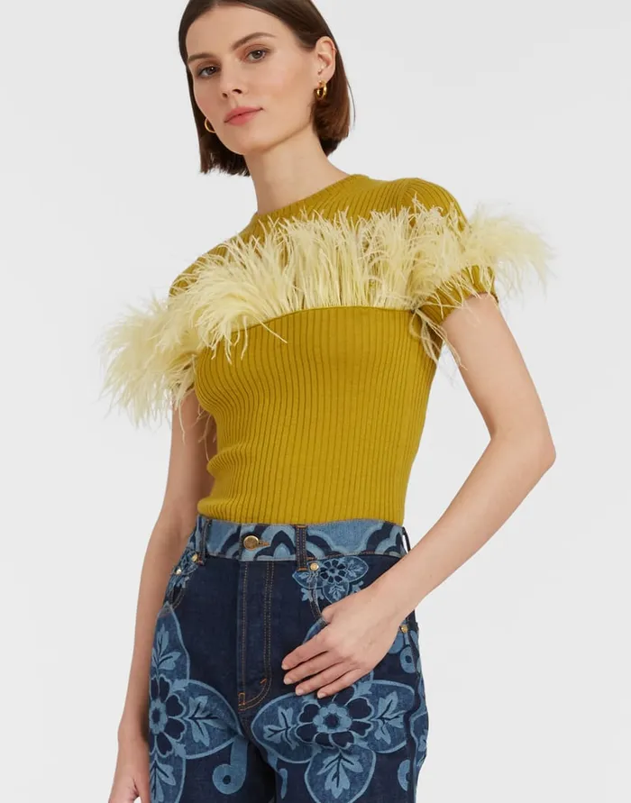 La Doublej High Kick Tee Lime In Ribbed Silk Cashmere With Feathers Women Knitwear La Doublej High Kick Tee Lime In Ribbed Silk Cashmere With Feathers Women Knitwear