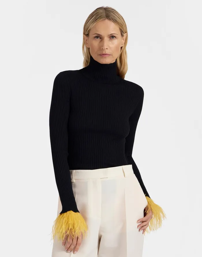 La Doublej High Kick Top Black In Ribbed Silk Cashmere With Feathers Women Knitwear La Doublej High Kick Top Black In Ribbed Silk Cashmere With Feathers Women Knitwear