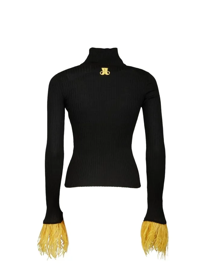 La Doublej High Kick Top Black In Ribbed Silk Cashmere With Feathers Women Knitwear