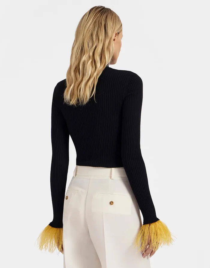 La Doublej High Kick Top Black In Ribbed Silk Cashmere With Feathers Women Knitwear