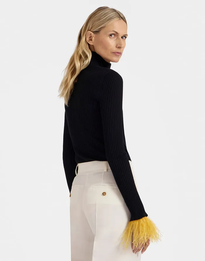 La Doublej High Kick Top Black In Ribbed Silk Cashmere With Feathers Women Knitwear