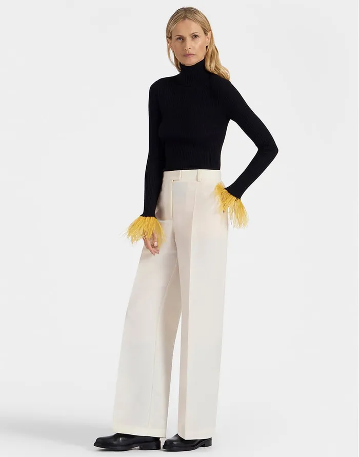 La Doublej High Kick Top Black In Ribbed Silk Cashmere With Feathers Women Knitwear