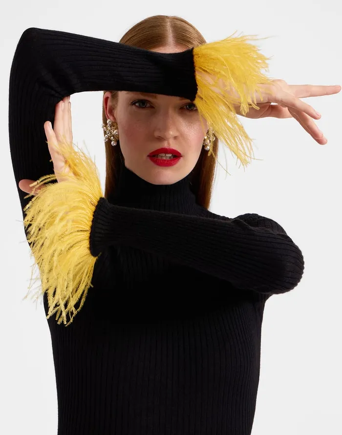 La Doublej High Kick Top Black In Ribbed Silk Cashmere With Feathers Women Knitwear