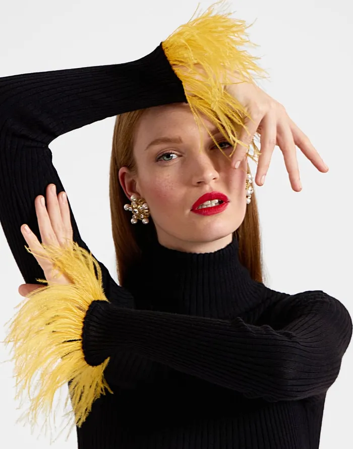 La Doublej High Kick Top Black In Ribbed Silk Cashmere With Feathers Women Knitwear