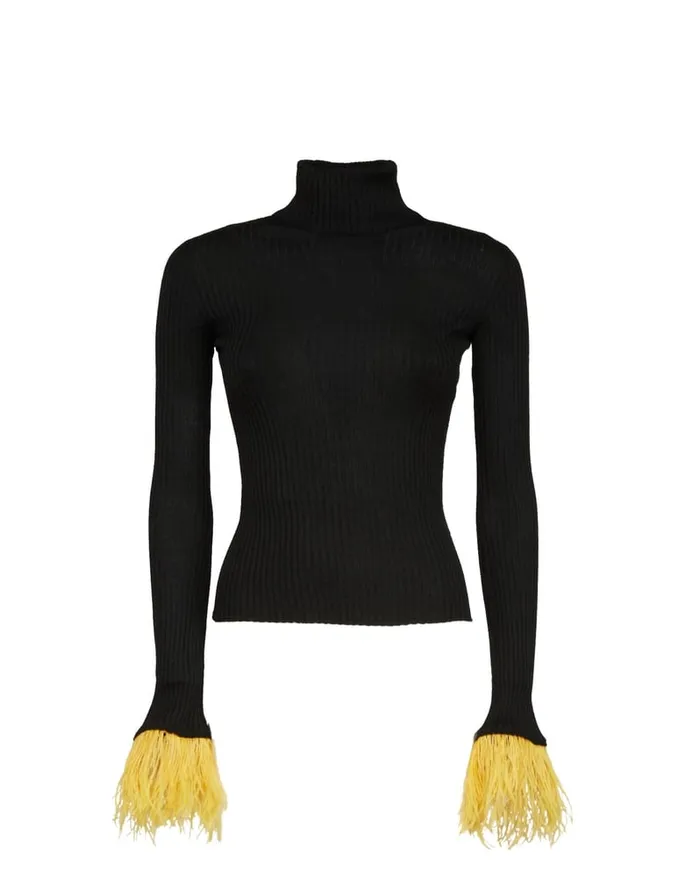 La Doublej High Kick Top Black In Ribbed Silk Cashmere With Feathers Women Knitwear