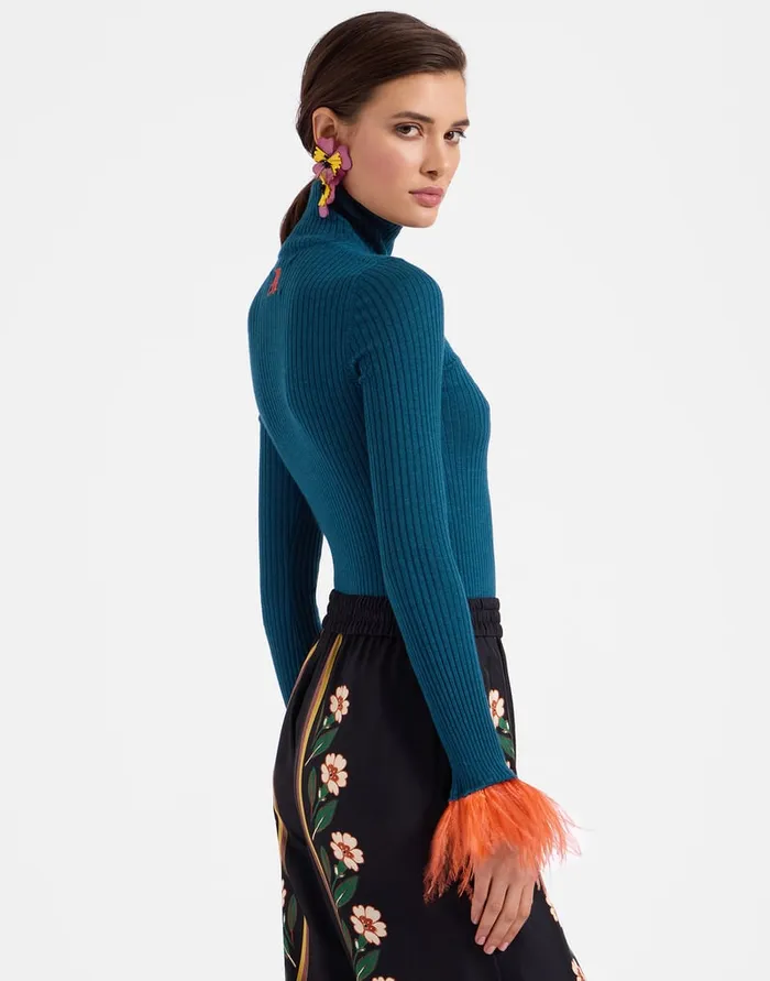 La Doublej High Kick Top Blue In Ribbed Silk Cashmere With Feathers Women Knitwear