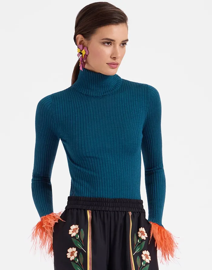 La Doublej High Kick Top Blue In Ribbed Silk Cashmere With Feathers Women Knitwear