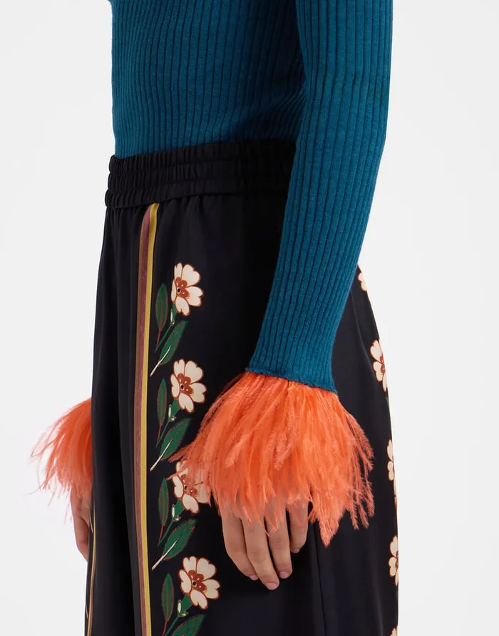 La Doublej High Kick Top Blue In Ribbed Silk Cashmere With Feathers Women Knitwear
