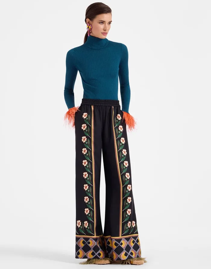 La Doublej High Kick Top Blue In Ribbed Silk Cashmere With Feathers Women Knitwear
