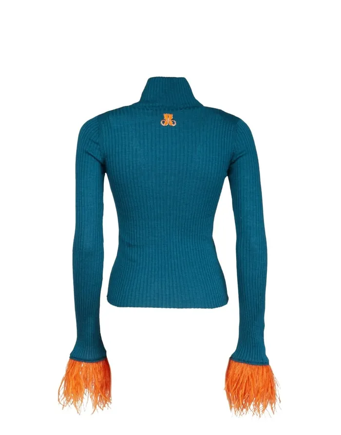 La Doublej High Kick Top Blue In Ribbed Silk Cashmere With Feathers Women Knitwear