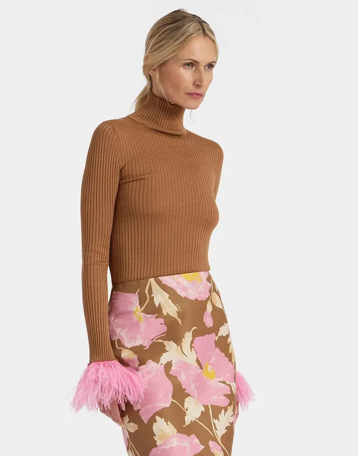 La Doublej High Kick Top Camel In Ribbed Silk Cashmere With Feathers Women Party Dressing La Doublej High Kick Top Camel In Ribbed Silk Cashmere With Feathers Women Party Dressing
