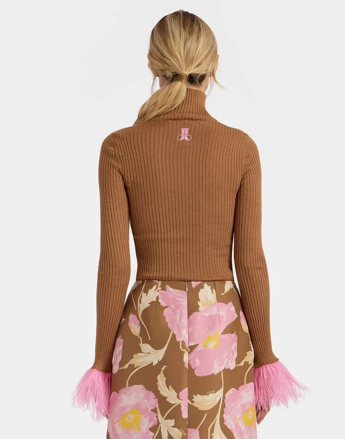 La Doublej High Kick Top Camel In Ribbed Silk Cashmere With Feathers Women Party Dressing