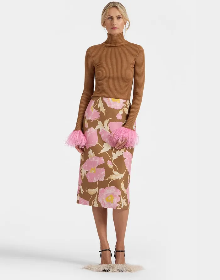 La Doublej High Kick Top Camel In Ribbed Silk Cashmere With Feathers Women Party Dressing