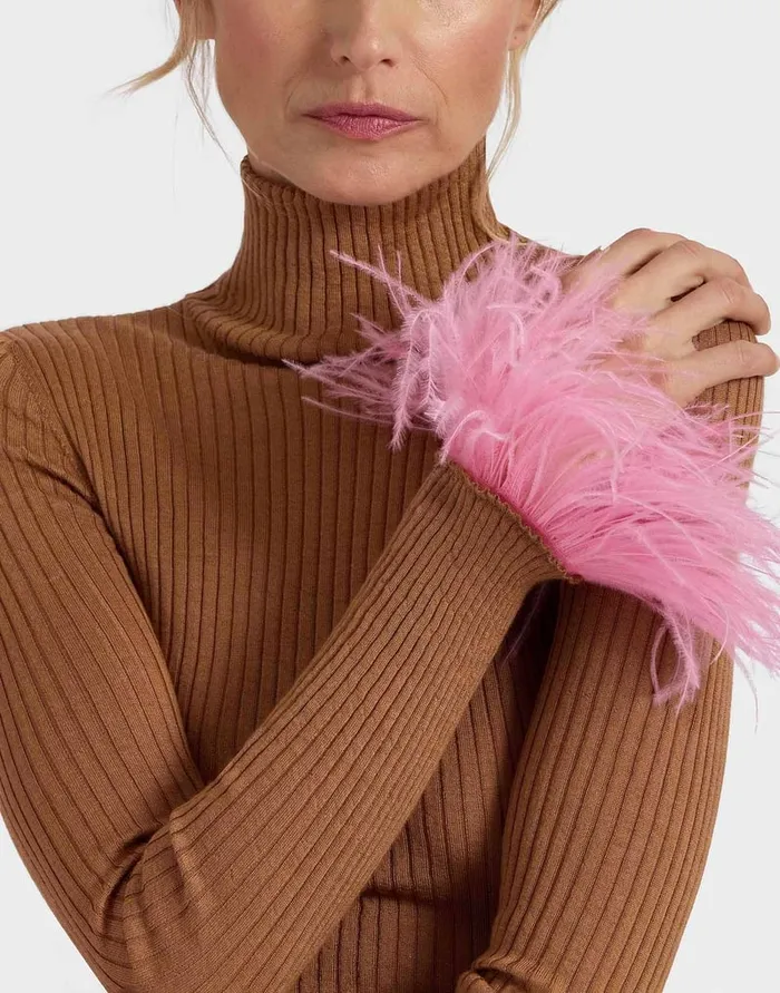 La Doublej High Kick Top Camel In Ribbed Silk Cashmere With Feathers Women Party Dressing