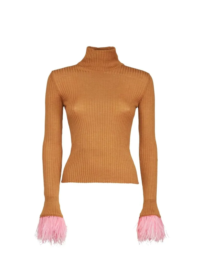La Doublej High Kick Top Camel In Ribbed Silk Cashmere With Feathers Women Party Dressing