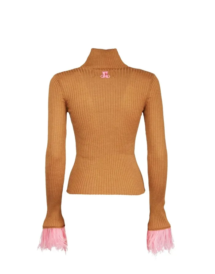 La Doublej High Kick Top Camel In Ribbed Silk Cashmere With Feathers Women Party Dressing