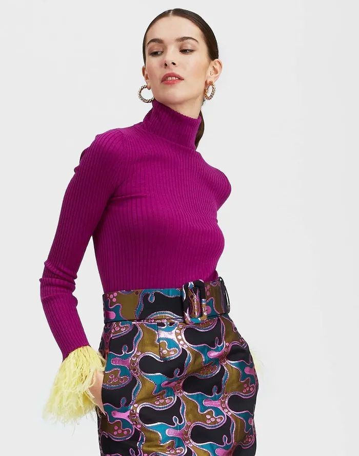 La Doublej High Kick Top Purple In Ribbed Silk Cashmere With Feathers Women Knitwear La Doublej High Kick Top Purple In Ribbed Silk Cashmere With Feathers Women Knitwear