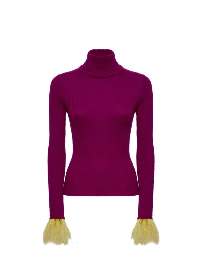 La Doublej High Kick Top Purple In Ribbed Silk Cashmere With Feathers Women Knitwear