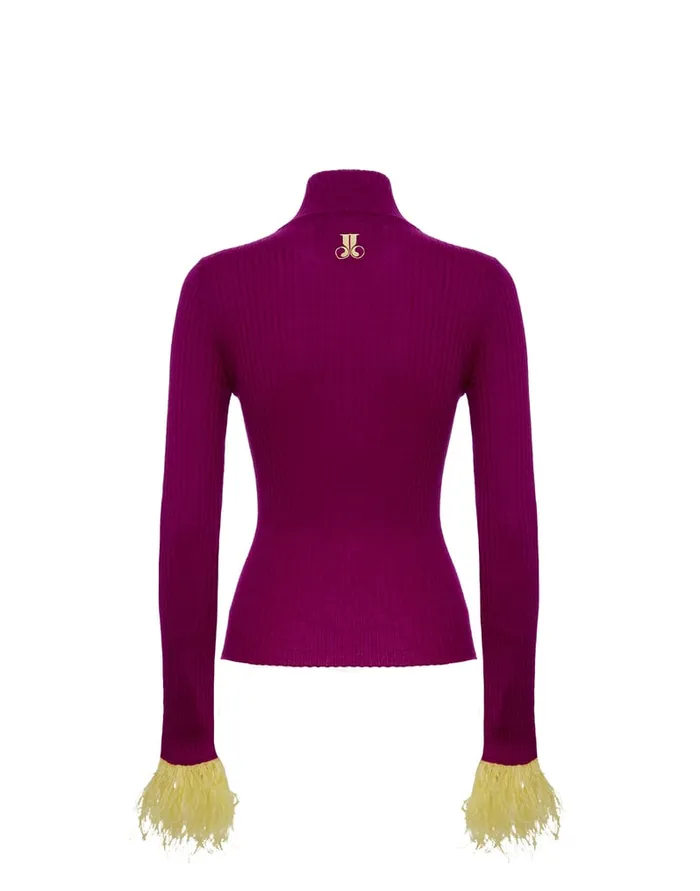 La Doublej High Kick Top Purple In Ribbed Silk Cashmere With Feathers Women Knitwear