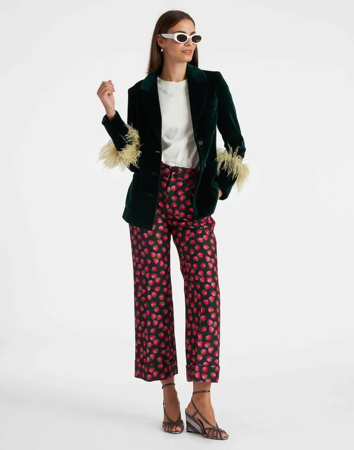 La Doublej Keaton Jacket Blue Petrol In Velvet With Feathers Women Outerwear