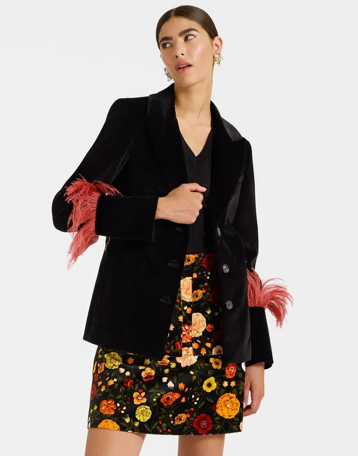 La Doublej Keaton Jacket Solid Black In Cotton Velvet With Feathers Women Outerwear La Doublej Keaton Jacket Solid Black In Cotton Velvet With Feathers Women Outerwear