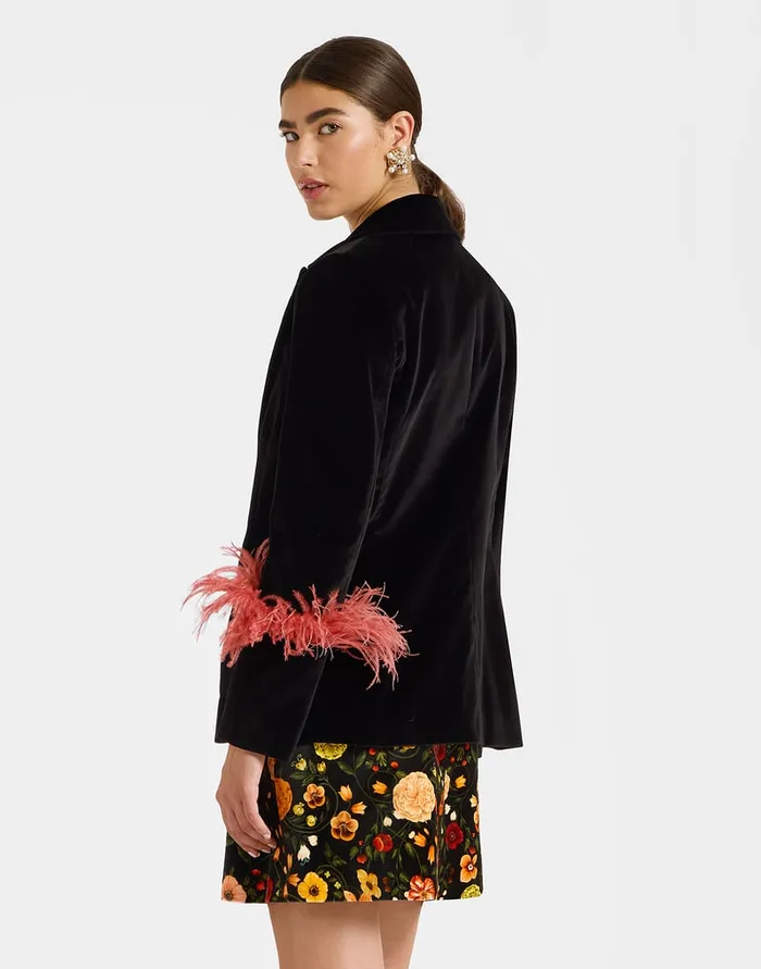 La Doublej Keaton Jacket Solid Black In Cotton Velvet With Feathers Women Outerwear