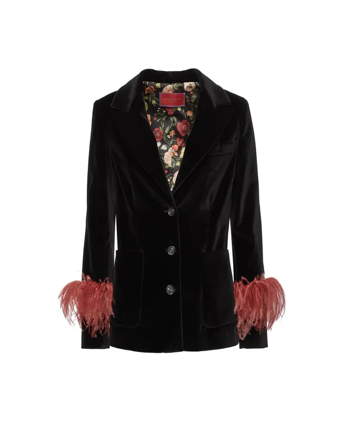 La Doublej Keaton Jacket Solid Black In Cotton Velvet With Feathers Women Outerwear