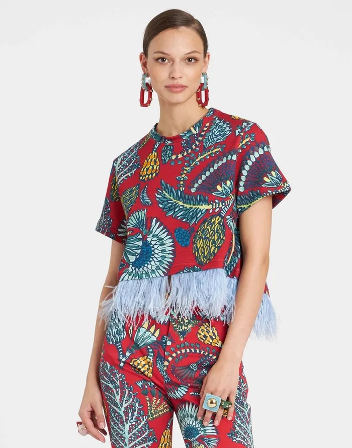 La Doublej La Scala Tee Sicomore Red In Jersey With Feathers Women TShirts and Sweatshirts La Doublej La Scala Tee Sicomore Red In Jersey With Feathers Women TShirts and Sweatshirts