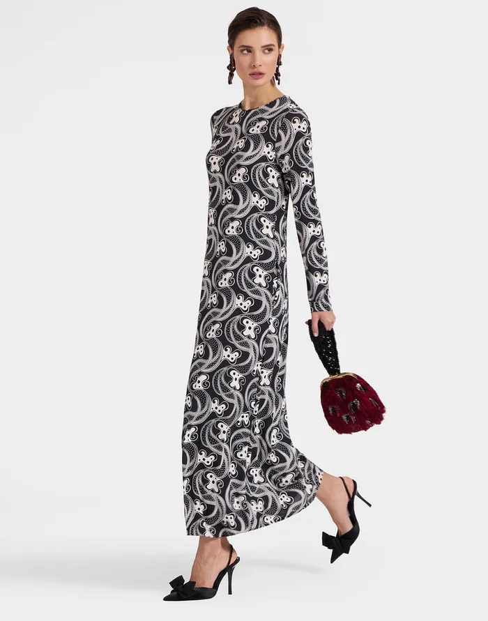 La Doublej Long Sleeve Swing Dress Aperol Black and White In Flowy Jersey Women Party Dressing